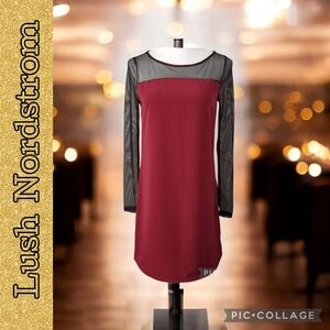 DRESS Party LUSH Party Deep Plum Red Black Mesh Sleeve & Trim Brand New Sml/Med